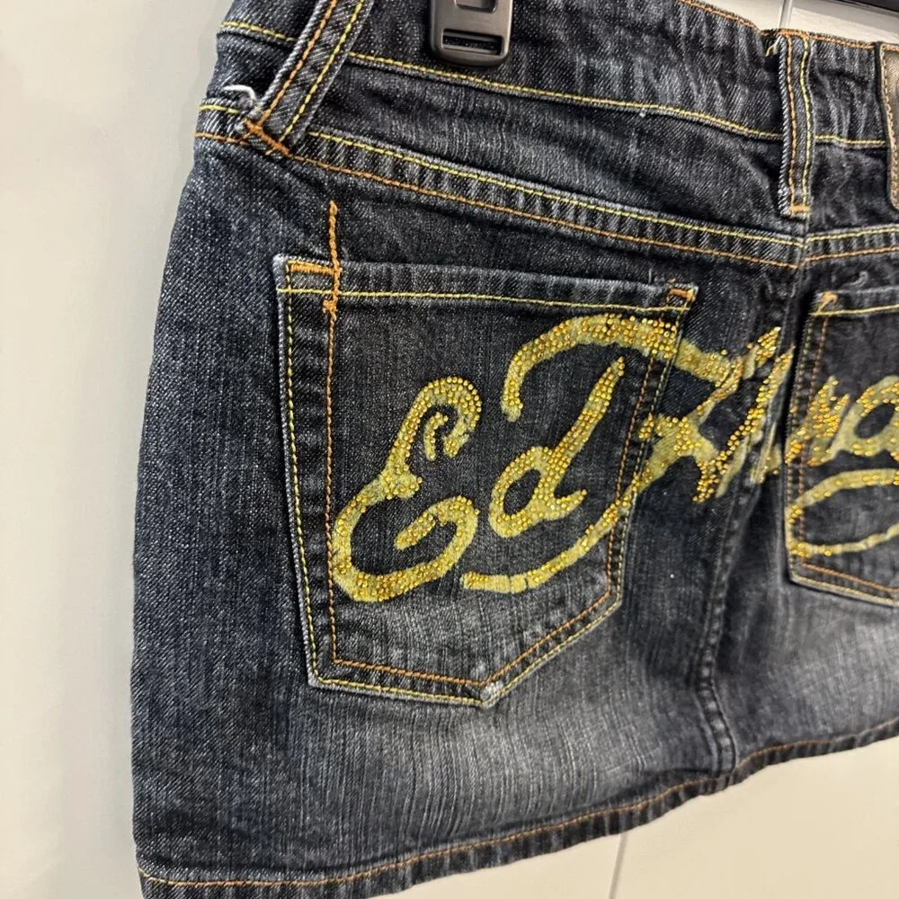 Vintage Ed Hardy Denim Mini Skirt Womens 28 Dark Blue Spell Out Rhinestones‎